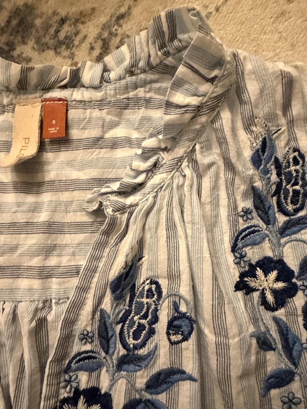 Pilcro Anthropologie Embroidered Blouse S Blue Stripe Cotton Boho Top - Picture 9 of 10